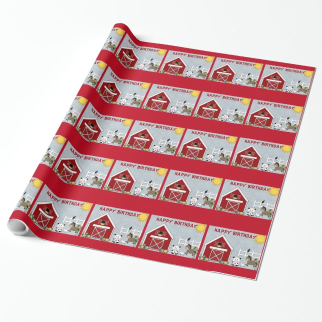 Cute Red Barn Farm Animals Birthday Wrapping Paper (Unrolled)