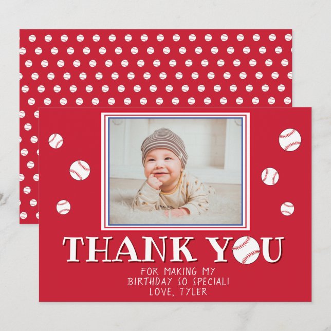 Cute Red Baseball Balls Birthday Photo Thank You Card (Front/Back)