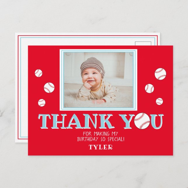 Cute Red Baseball Birthday Thank you Photo Card (Front/Back)