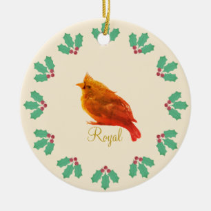 Cute Red Bird & Holly Berries Ceramic Ornament