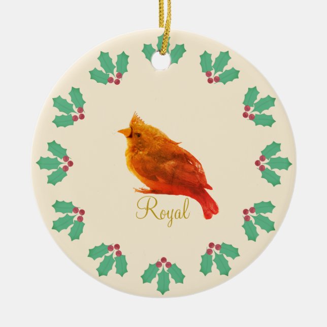 Cute Red Bird & Holly Berries Ceramic Ornament (Front)