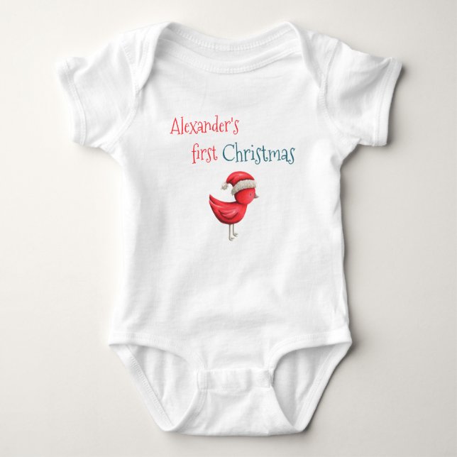 Cute Red Bird Santa Hat Grandson First Christmas Baby Bodysuit (Front)