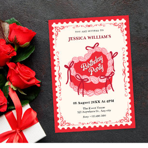 Cute red birthday bow cake invitation