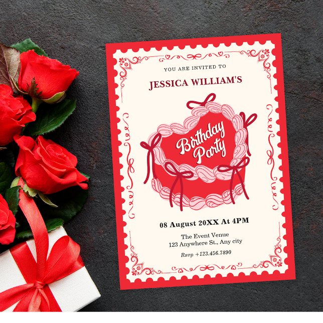 Cute red birthday bow cake  invitation (Creator Uploaded)