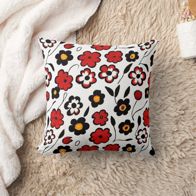 Cute Red, Black and White Flower Pattern Cushion (Blanket)
