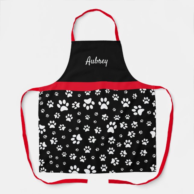 Cute Red Black and White Paw Print Personalised Apron (Front)