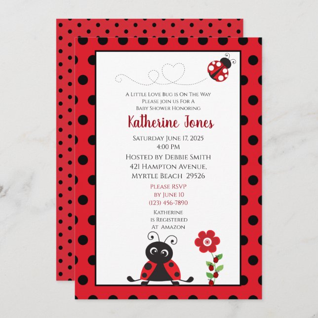 Cute Red Black Ladybug Baby Shower Invitation (Front/Back)