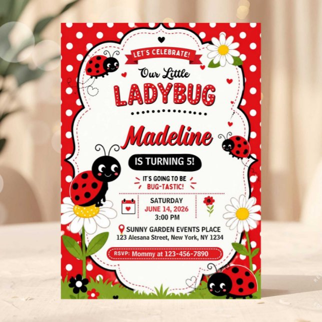 Cute Red Black Ladybug Daisy Birthday Invitation (ladybug birthday invite, ladybug invitation, bug birthday party, girl birthday invite, editable birt)