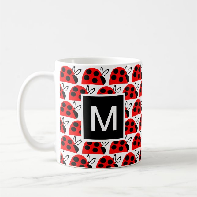 Cute Red Black Ladybug Monogram  Coffee Mug (Left)