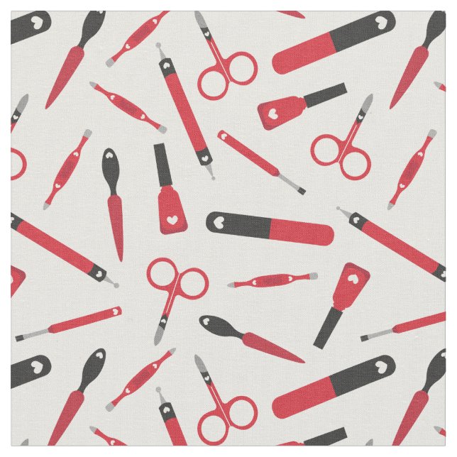 Cute Red Black Manicurist Tools Pattern Fabric (Close Up)