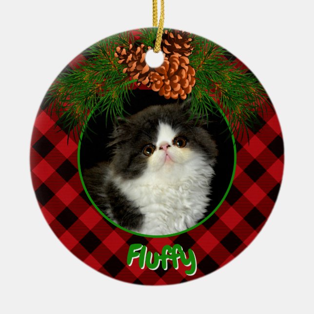 Cute red black plaid pinecone pet photo template ceramic ornament (Front)