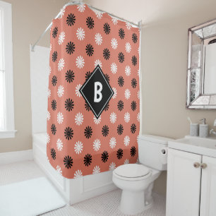 Cute Red Black White Floral Monogrammed Initial Shower Curtain