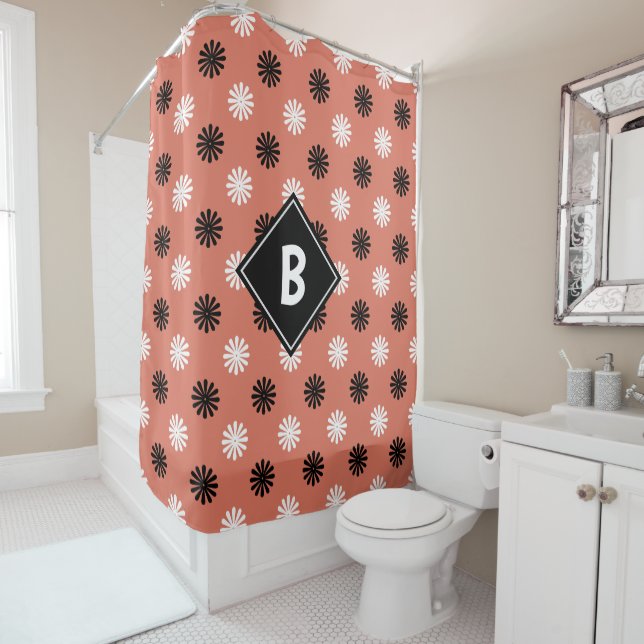Cute Red Black White Floral Monogrammed Initial Shower Curtain (In Situ)