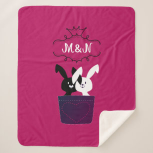 Cute Red Black White Kawaii Bunny Friend Monogram Sherpa Blanket