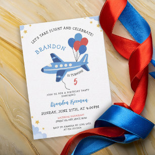 Cute Red & Blue Airplane Balloon 5th Birthday Invitation