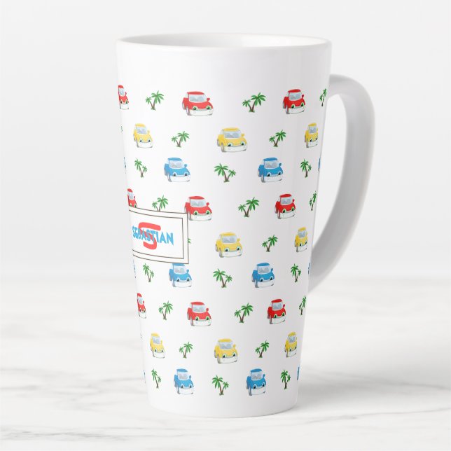 Cute Red, Blue and Yellow Cars Kids Cartoon Latte Mug (Right Angle)