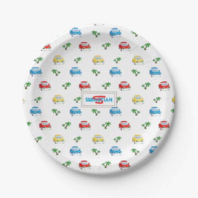 Cute Red, Blue and Yellow Cars Kids Cartoon Paper Plate (Front)