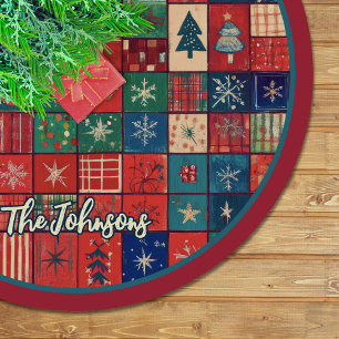 Cute red blue festive christmas pattern custom brushed polyester tree skirt