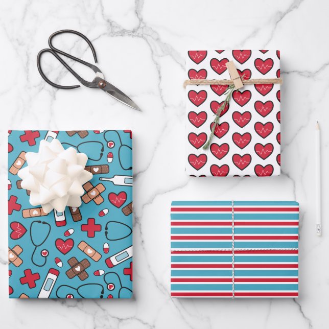 Cute Red Blue Nurse Doctor Medical Pattern Wrapping Paper Sheet (Front)