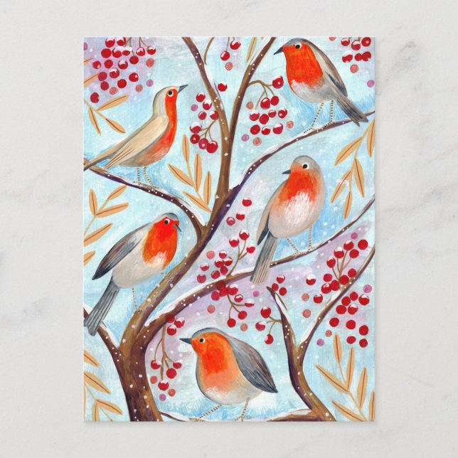 Cute red & blue Robin birds in tree with berries Holiday Postcard (Front)