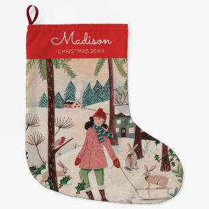 Cute Red & Blue skating winter landscape pattern L Large Christmas Stocking