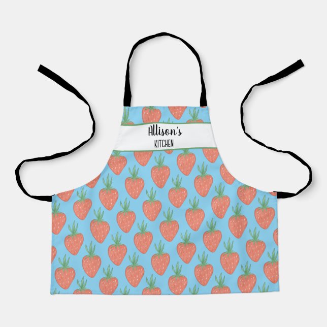 Cute Red + Blue 🍓 Watercolor Strawberry Pattern Apron (Front)