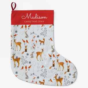 Cute Red & Blue Woodland animals pattern Large Christmas Stocking