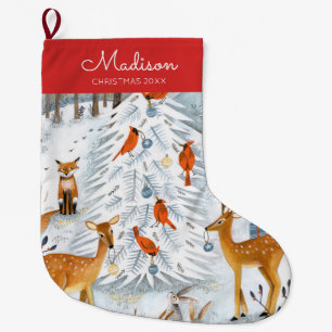 Cute Red & Blue Woodland animals pattern Large Christmas Stocking