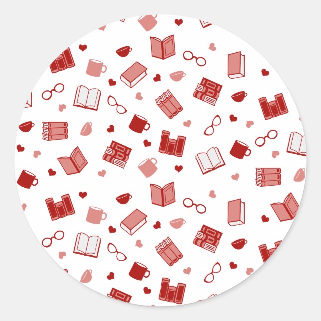 Cute Red Book and Reading Pattern Classic Round Sticker (Front)