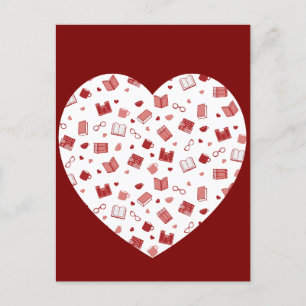 Cute Red Book and Reading Pattern on heart Postcard