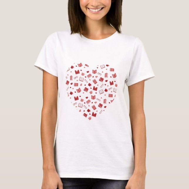Cute Red Book and Reading Pattern on heart T-Shirt (Front)