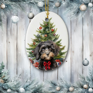 Cute Red Bow Black Tan Cavapoo Dog Christmas Ceramic Ornament