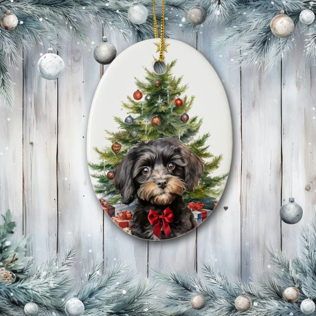 Cute Red Bow Black Tan Cavapoo Dog Christmas Ceramic Ornament (Creator Uploaded)