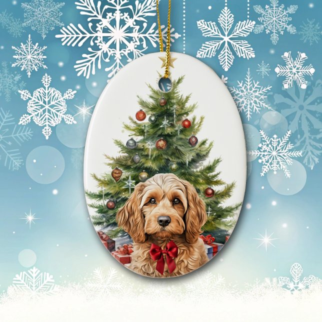 Cute Red Bow Cockapoo Dog Christmas Ceramic Ornament (Creator Uploaded)