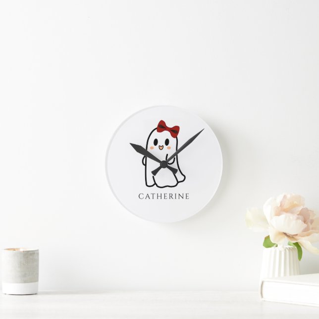Cute Red Bow Halloween Ghost Girly  Round Clock (Home)