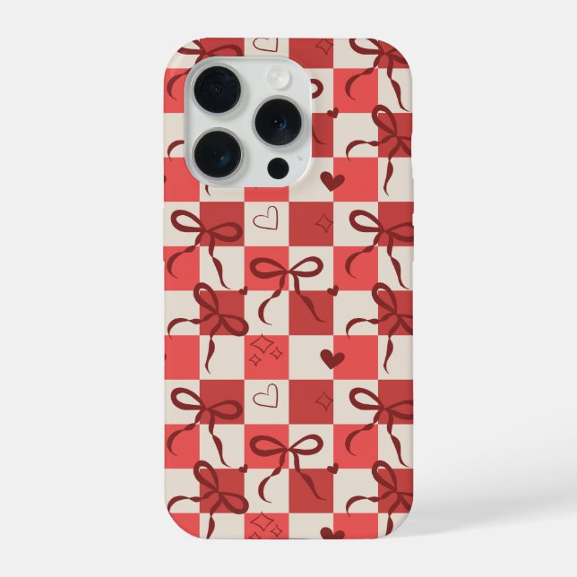 Cute Red Bow & Heart Chequerboard Pattern  iPhone Case (Back)