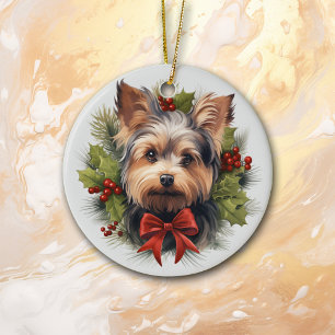 Cute Red Bow Holly Wreath Yorkie Dog Ceramic Ornament