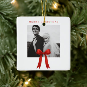 Cute Red Bow Photo Merry Christmas Ceramic Ornament
