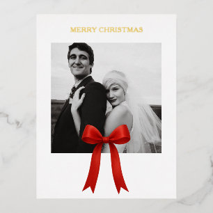 Cute Red Bow Photo Merry Christmas Foil Holiday Postcard