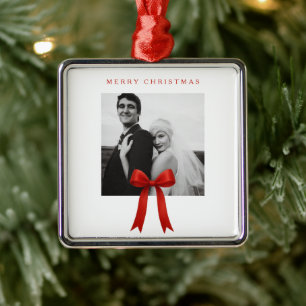 Cute Red Bow Photo Merry Christmas Metal Ornament