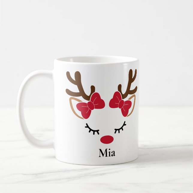 Cute Red Bows Girl Reindeer Christmas Mug (Left)