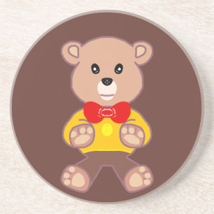 Cute Red Bowtie Beige Teddy Bear Brown Coaster
