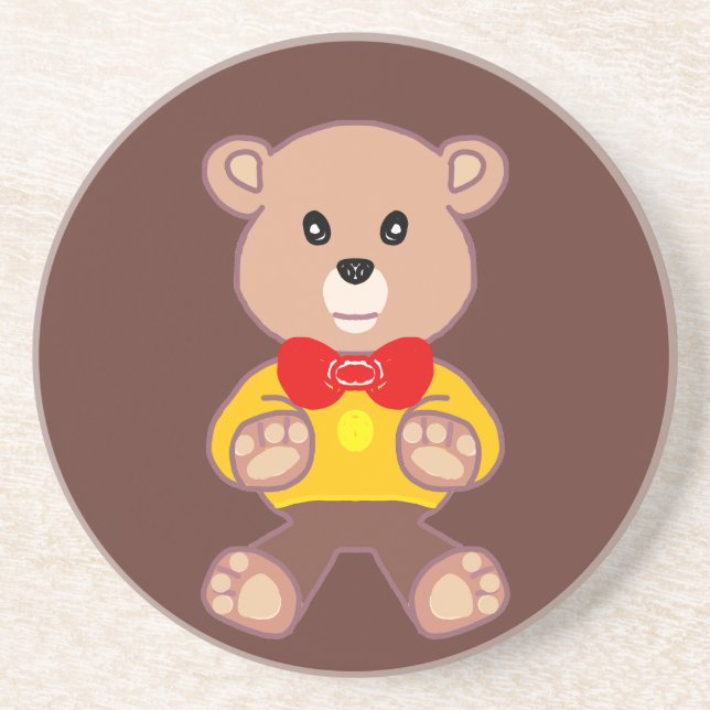 Cute Red Bowtie Beige Teddy Bear Brown  Coaster (Front)