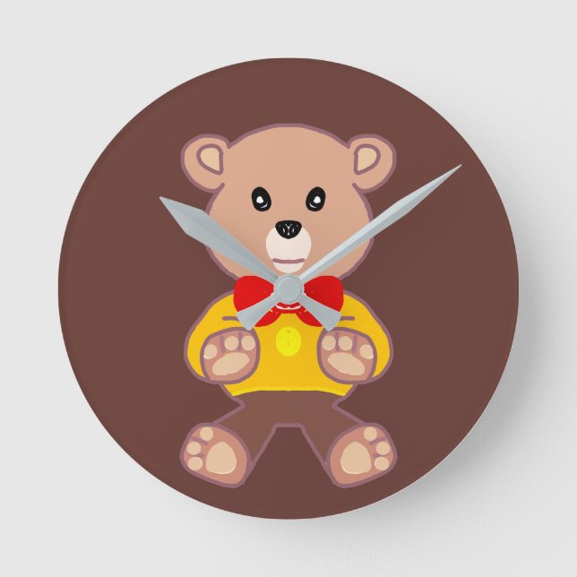 Cute Red Bowtie Beige Teddy Bear Brown  Round Clock (Front)