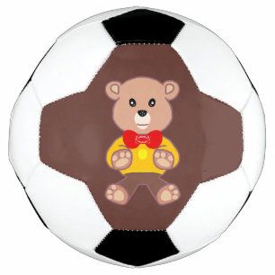 Cute Red Bowtie Beige Teddy Bear Brown Soccer Ball