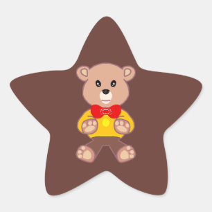 Cute Red Bowtie Beige Teddy Bear Brown Star Sticker