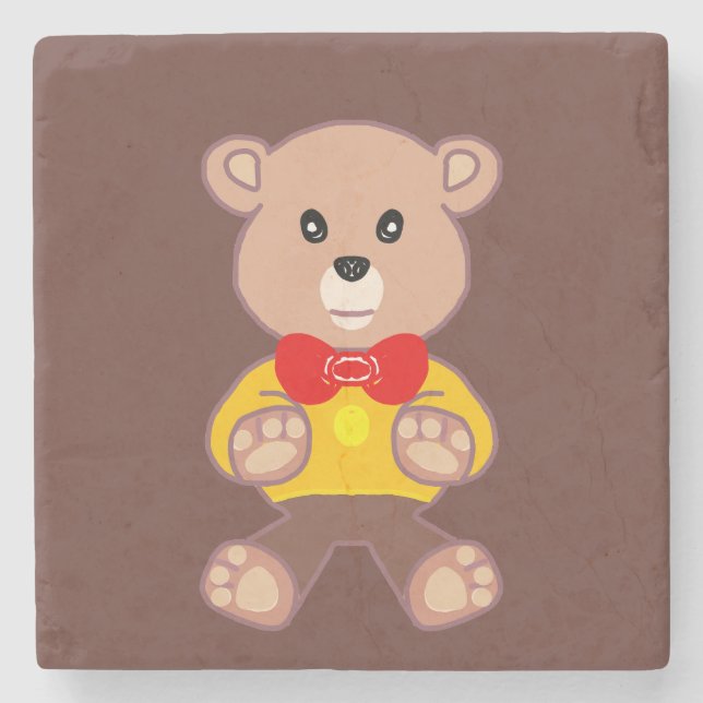 Cute Red Bowtie Beige Teddy Bear Brown  Stone Coaster (Front)