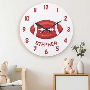 Cute Red Boys Football Bedroom Wall Large Clock