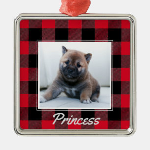 Cute Red Buffalo Plaid Personalised Dog Pet Metal Ornament