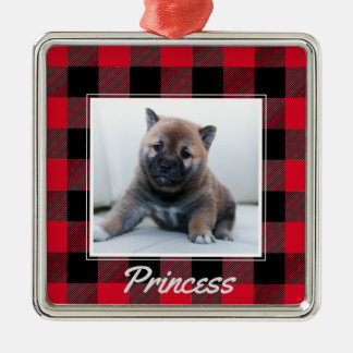 Cute Red Buffalo Plaid Personalised Dog Pet Metal Ornament